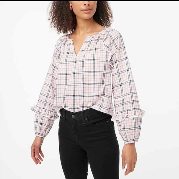 J. Crew- Plaid ruffle-trim peasant top - Ivory Warm Rose - Small - Picture 1 of 7